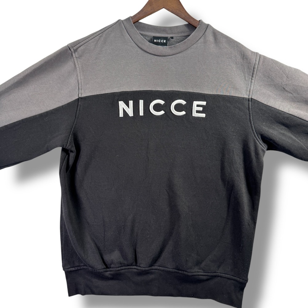 Nicce London Mens Sweatshirt Gray Black Color Block Logo Pullover Size M